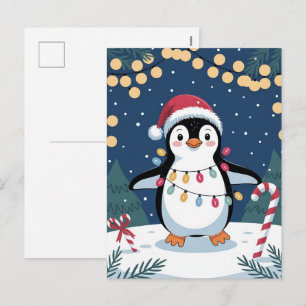 Postal Festiva Pingüino lindo de invierno nevado con sombrero de