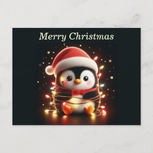 Postal Festiva Pingüino lindo envuelto en luces Navidades