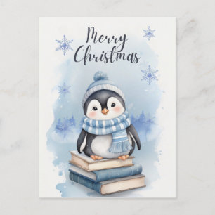 Postal Festiva Pingüino Navidades de acuarela