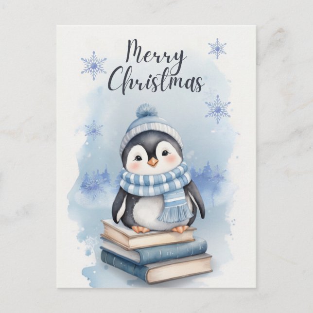 Postal Festiva Pingüino Navidades de acuarela (Anverso)