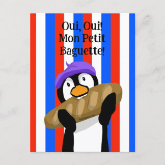 Postal Festiva Pingüino parisino con Baguette