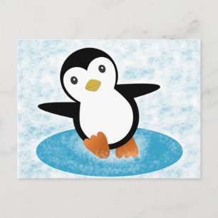 Postal Festiva Pingüino patinando en la nieve