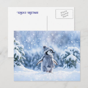 Postal Festiva Pingüino y Bufanda Gorro Navideño Lindo