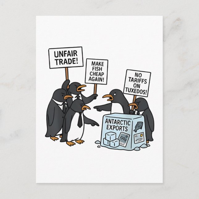 Postal Festiva Pingüinos contra aranceles anti Trump (Anverso)