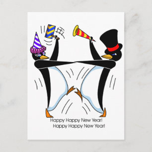 Postal Festiva Pingüinos felices de la Feliz Año Nuevo