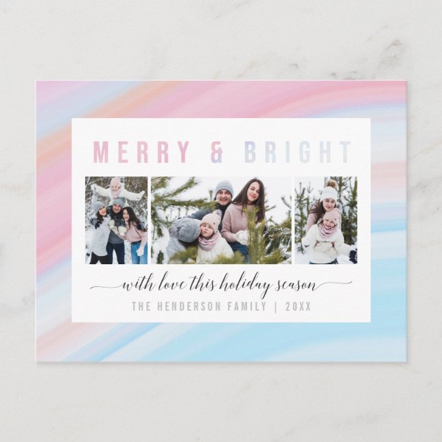 Postal Festiva Pink & Blue Pastel Merry & Bright Holiday Photo (Anverso)
