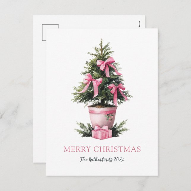 Postal Festiva Pink Bows Merry Christmas Tree Postcard (Anverso / Reverso)