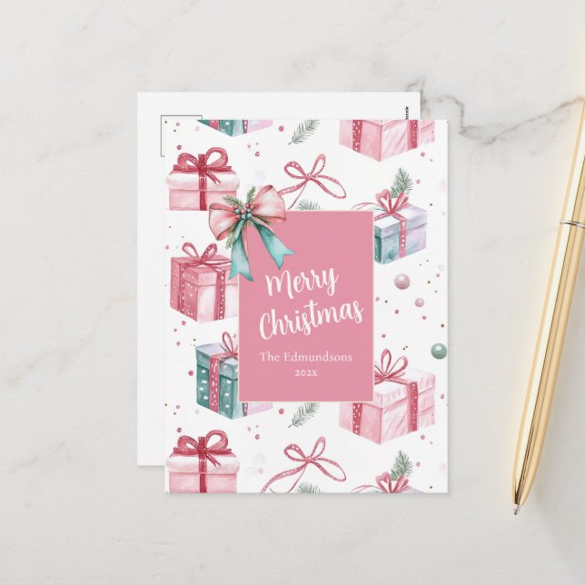 Postal Festiva Pink Christmas Gift Packages Vintage Postcard (Anverso/Reverso In Situ)