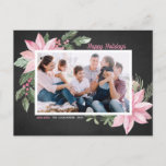 Postal Festiva Pink Poinsettias Chalkboard Happy Holidays Photo<br><div class="desc">¡Felices Fiestas! Envíe saludos de vacaciones a la familia y amigos con esta postal botánica de personalizable. Cuenta con un ilustracion acuático con poinsettias rosas, bayas, algodón y hoyos sobre un fondo de tiza falso. Personaliza agregando fotos y tus propios textos. Esta tarjeta postal de Navidades florales rosas está disponible...</div>