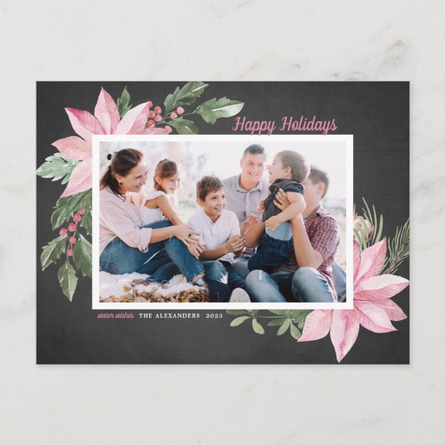 Postal Festiva Pink Poinsettias Chalkboard Happy Holidays Photo (Anverso)