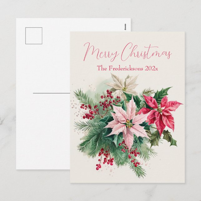 Postal Festiva Pink Poinsettias Elegant Christmas Postcard (Anverso / Reverso)