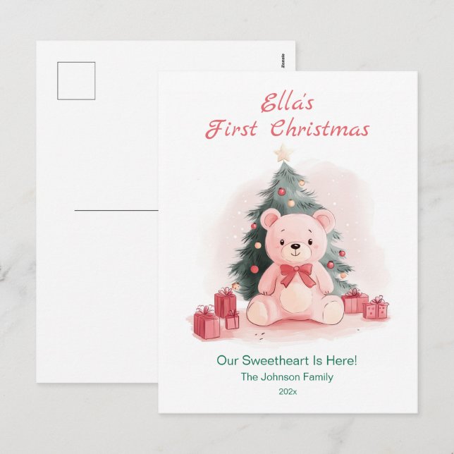 Postal Festiva Pink Teddy Bear First Christmas Postcard (Anverso / Reverso)