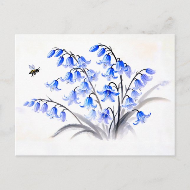 Postal Festiva Pintado de tinta asiática con Bellflowers azules (Anverso)