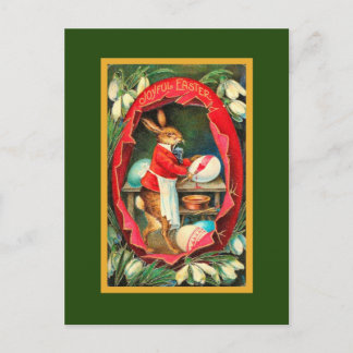 Postal Festiva Pintando Huevos de Pascua Rojo Vintage Easter