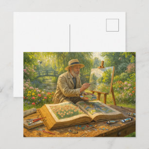 Postal Festiva Pintor en jardín de libro de arte