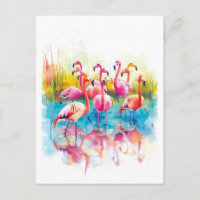 Pintura acuarela de flamencos en un estanque