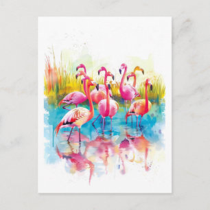 Postal Festiva Pintura acuarela de flamencos en un estanque