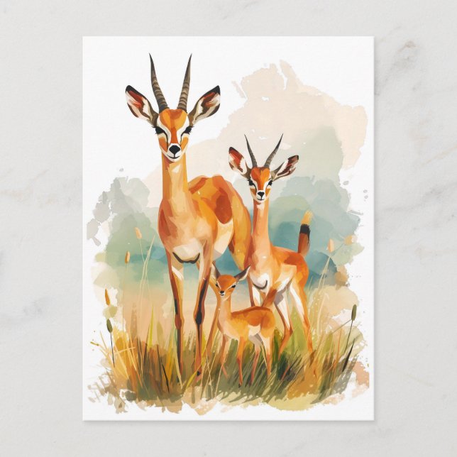 Postal Festiva Pintura acuarela de la familia de antílopes en el  (Anverso)