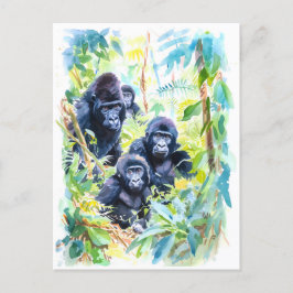 Postal Festiva Pintura acuarela de la familia de gorilas en la se