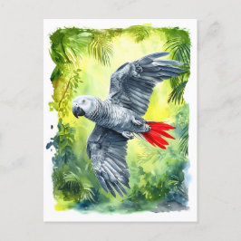 Postal Festiva Pintura acuarela de loro gris africano en jung