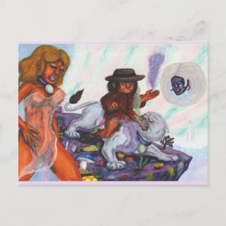 Postal Festiva Pintura al acuarela Eros cabalga sobre la leona Au