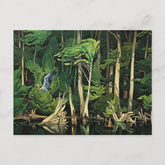 Postal Festiva Pintura canadiense de la garza azul por A J Casson