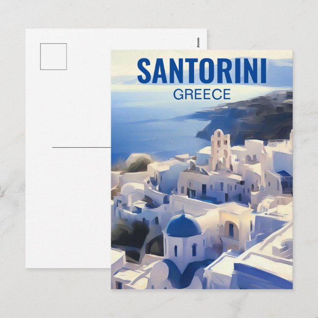Postal Festiva Pintura de acuarela de Santorini Grecia (Anverso / Reverso)