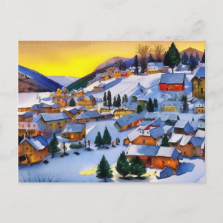 Postal Festiva Pintura de aldea en nieve al amanecer