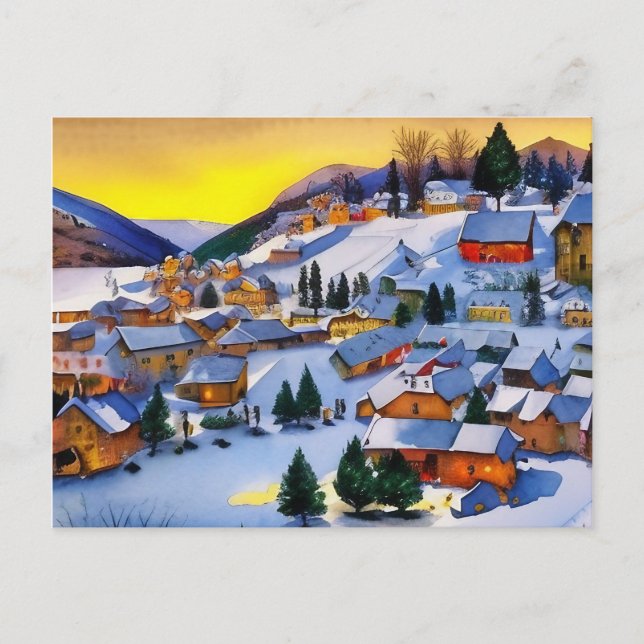 Postal Festiva Pintura de aldea en nieve al amanecer (Anverso)