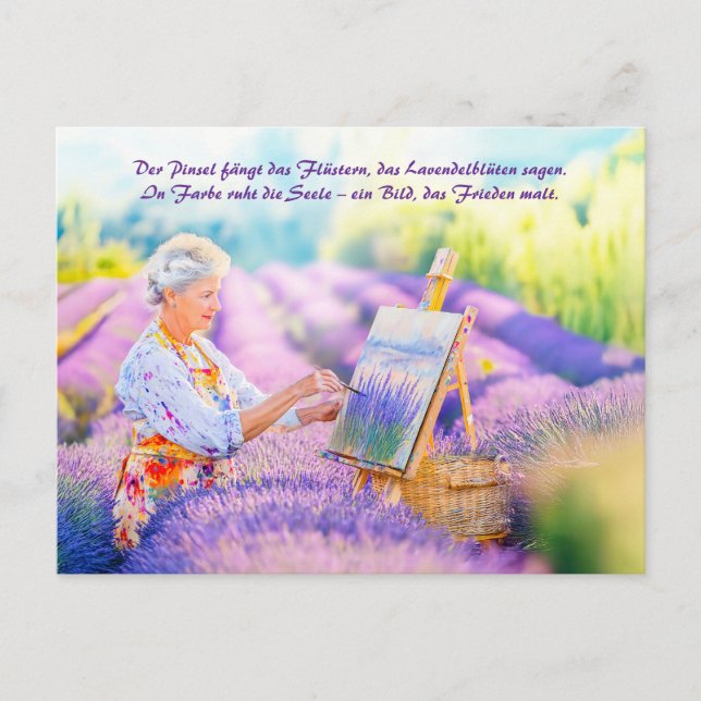 Postal Festiva Pintura de artista en un campo de lavanda florecie (Anverso)