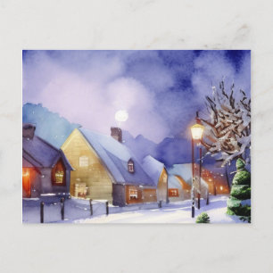 Postal Festiva Pintura de casas cubiertas de nieve en invierno