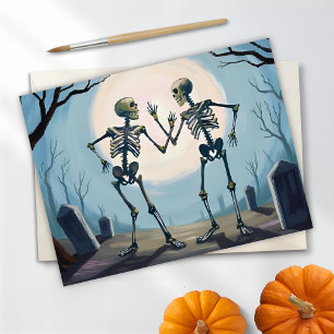 Postal Festiva Pintura de Halloween de esqueletos bailando