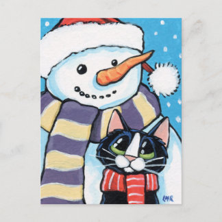 Postal Festiva Pintura de muñeco de nieve de gato y nariz de garr