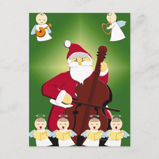 Postal Festiva Pintura de Papá Noel que toca el violoncelo con (Anverso)