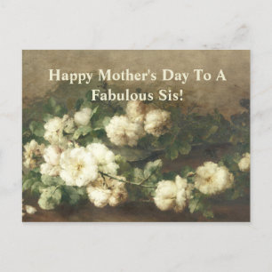 Postal Festiva Pintura de Rosas Blancas Vintage Día de la Madre H