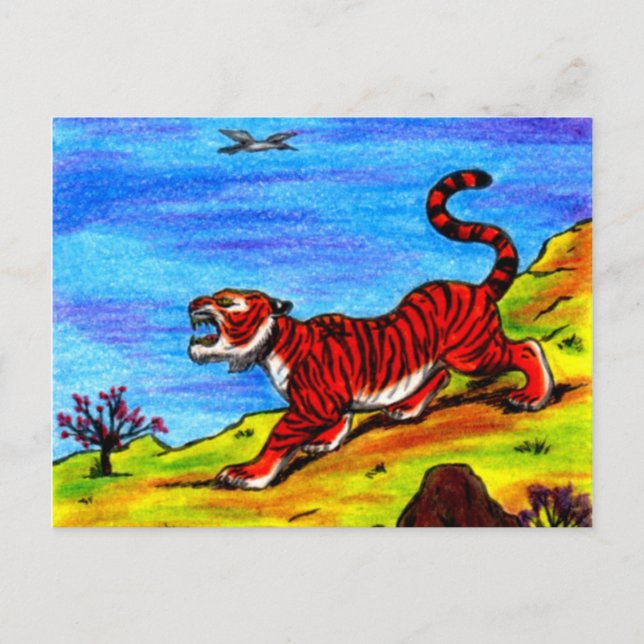 Postal Festiva pintura de tigre y fantasía de arte de pájaros vol (Anverso)