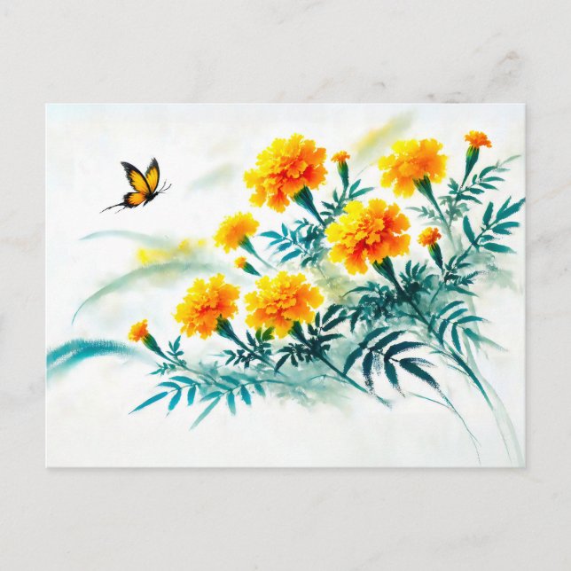Postal Festiva Pintura de tinta asiática con mariposa monarca (Anverso)