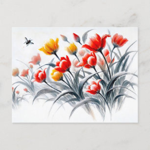 Postal Festiva Pintura de tinta asiática de tulipanes rojos y bla