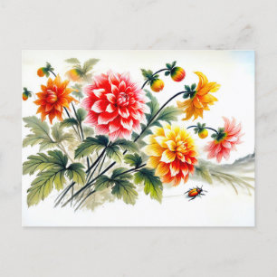 Postal Festiva Pintura de tinta de Dahlias