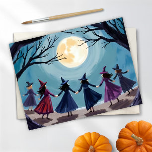 Postal Festiva Pintura de Witch Seance Halloween