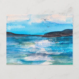 Postal Festiva Pintura en Acuarela de Bahía Costera Serena
