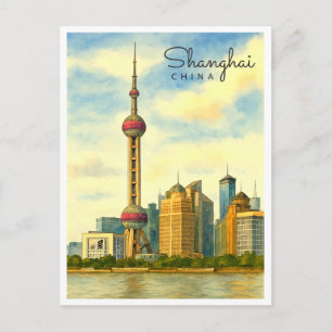 Postal Festiva Pintura en acuarela del horizonte de Shanghai vint