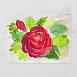 Postal Festiva Pintura floral de acuarela de rosa roja en flor