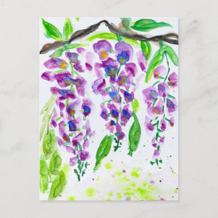 Postal Festiva Pintura floral de glicina morada en acuarela
