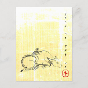 Postal Festiva Pintura original de búfalo de agua Ox año HpC