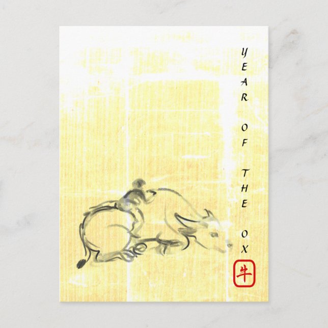 Postal Festiva Pintura original de búfalo de agua Ox año HpC (Anverso)