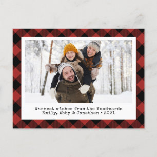 Postal Festiva Plaid Bufalo Rústico Foto Personalizada Rojo Negro