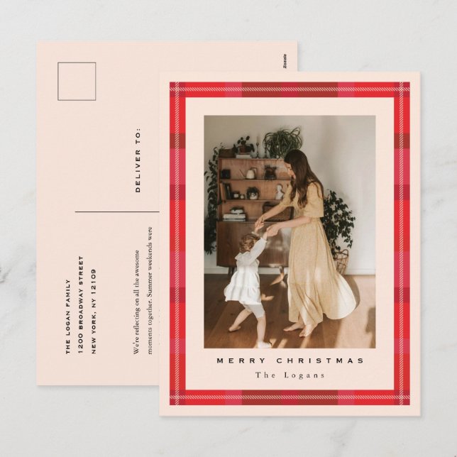Postal Festiva Plaid Frame Holiday Postcard (Anverso / Reverso)