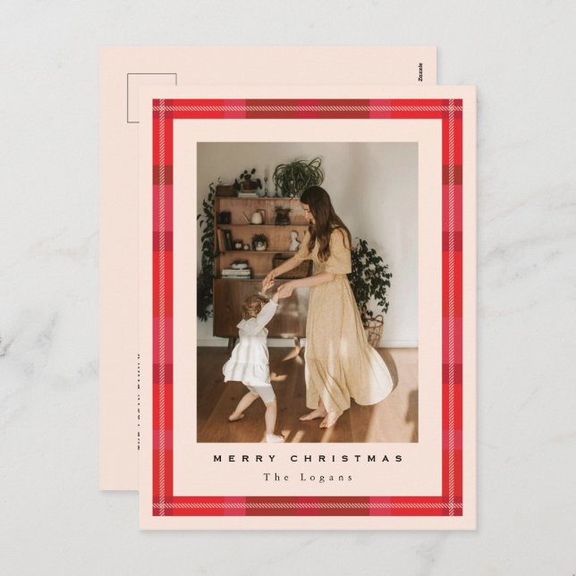 Postal Festiva Plaid Frame Holiday Postcard (Anverso / Reverso)