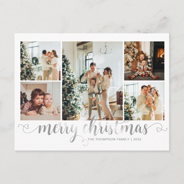 Postal Festiva Plata moderna Merry Christmas Heart Script 5 Photo (Anverso)